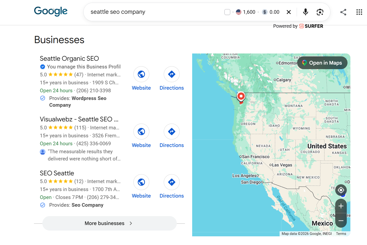 Seattle Organic SEO appearing at the top of Seattle SEO company search results in October 2026