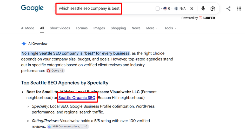 Conversational AI search asking which Seattle SEO company is best