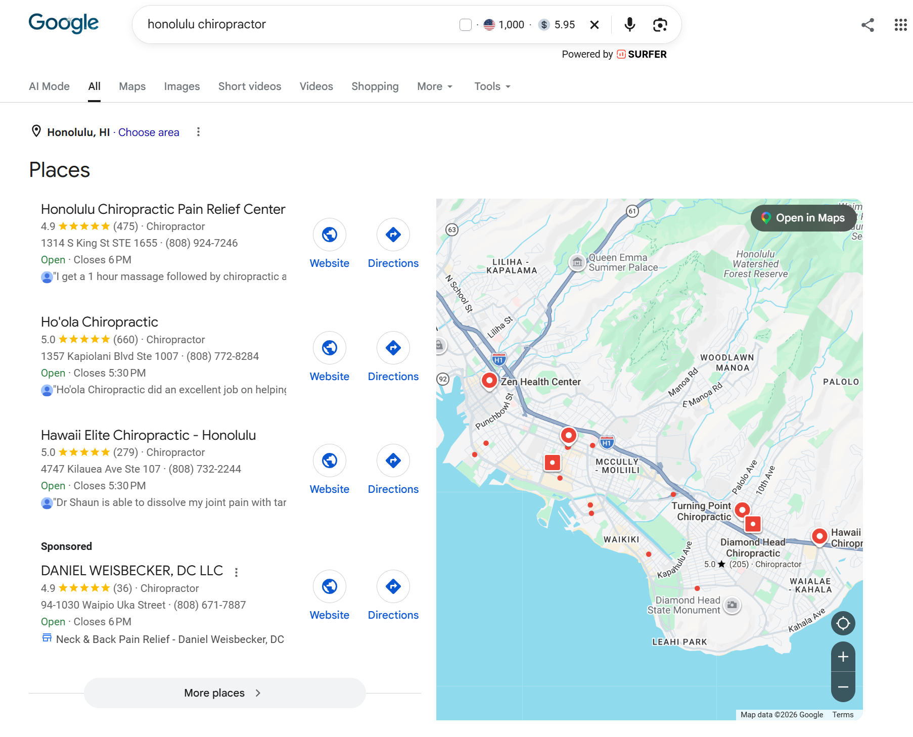 Honolulu chiropractor local search ranking screenshot