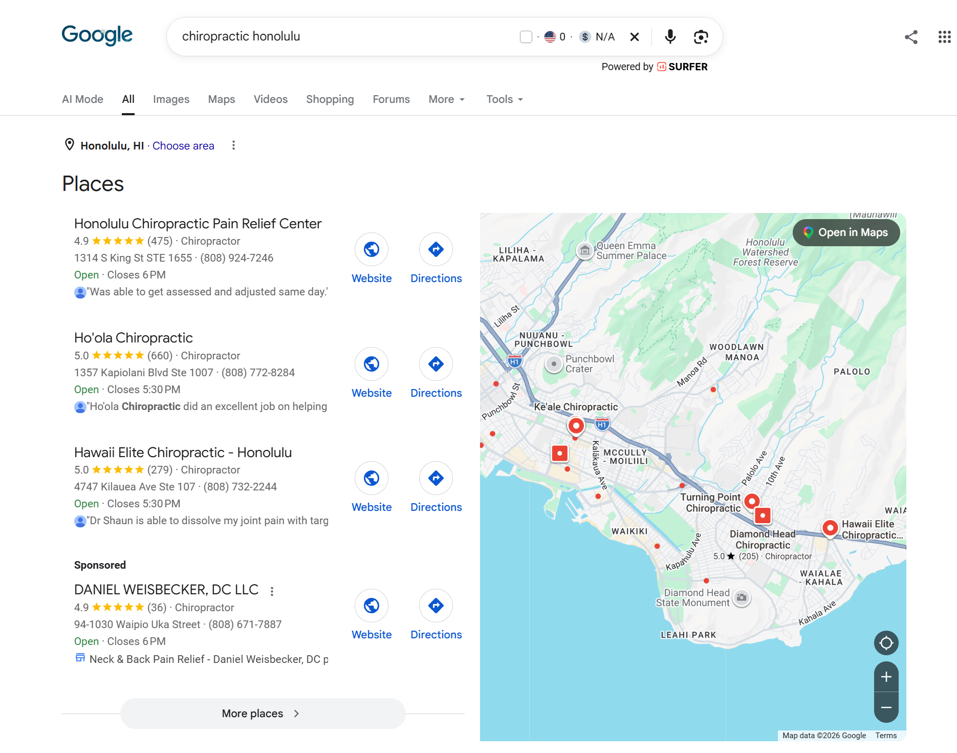 Honolulu chiropractor Google local pack visibility screenshot