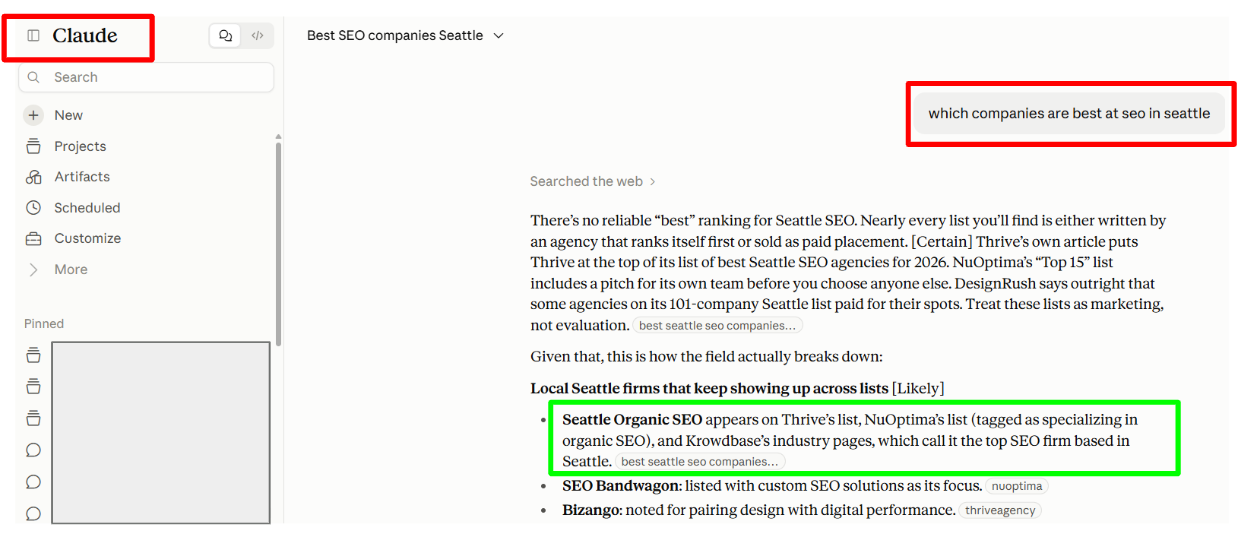 Claude screenshot for the query 'which companies are best at seo in seattle', captured October 12, 2026