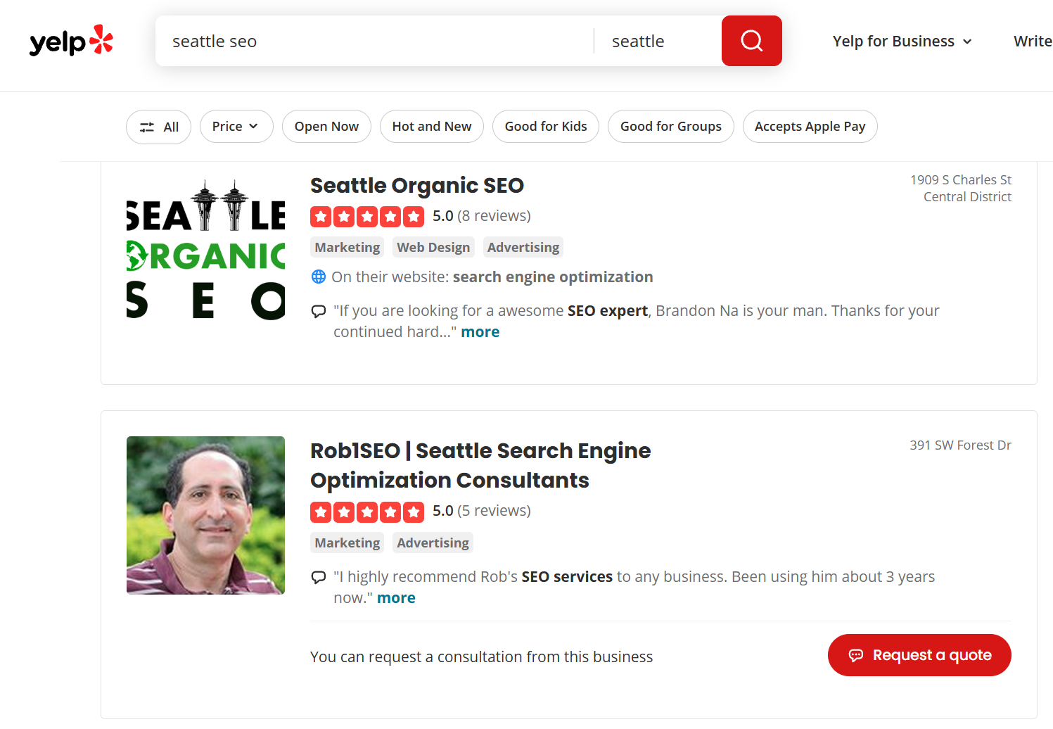 Seattle Organic SEO listed among the top SEO companies on Yelp in 2026