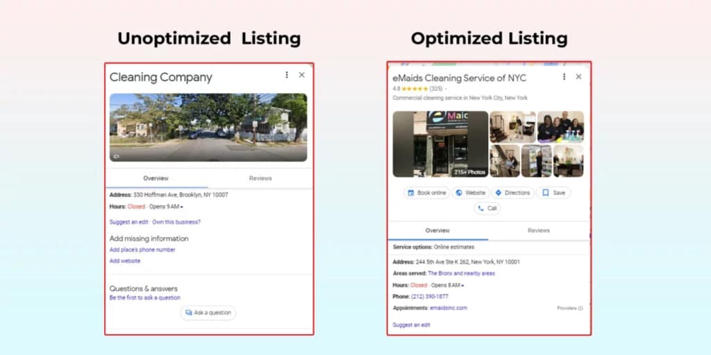 well optimized vs. poorly optimized google business profile